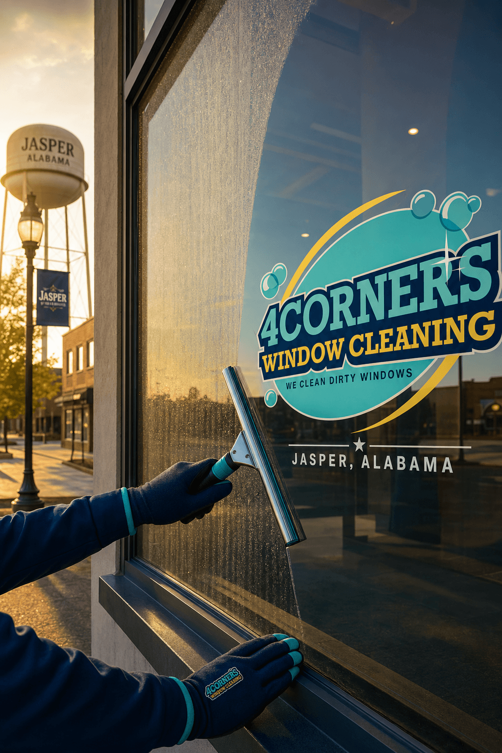 Window cleaner's squeegee revealing crystal clear glass against a foggy haze on a Monday morning storefront in Jasper, Alabama, with trust-blue and teal accents