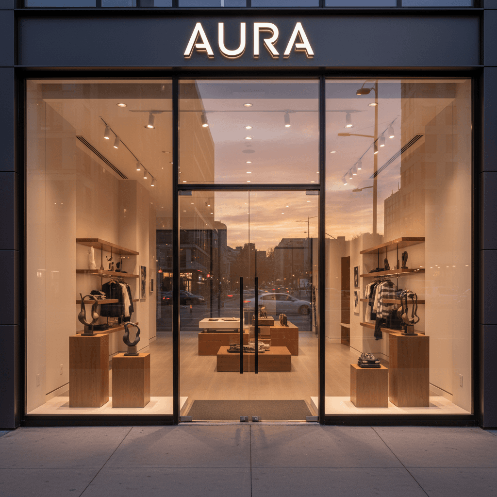 Polished storefront windows reflecting clear evening light