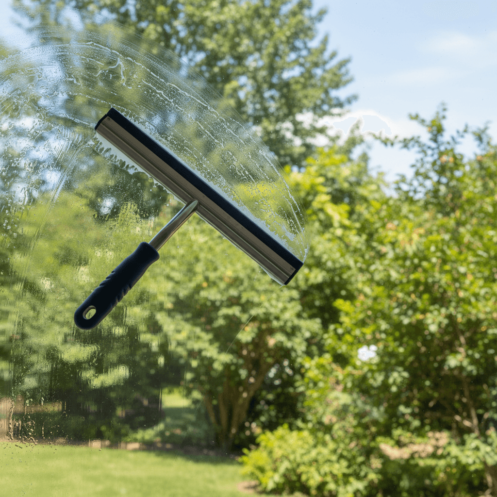 Squeegee cleaning a residential window with clear streak-free results
