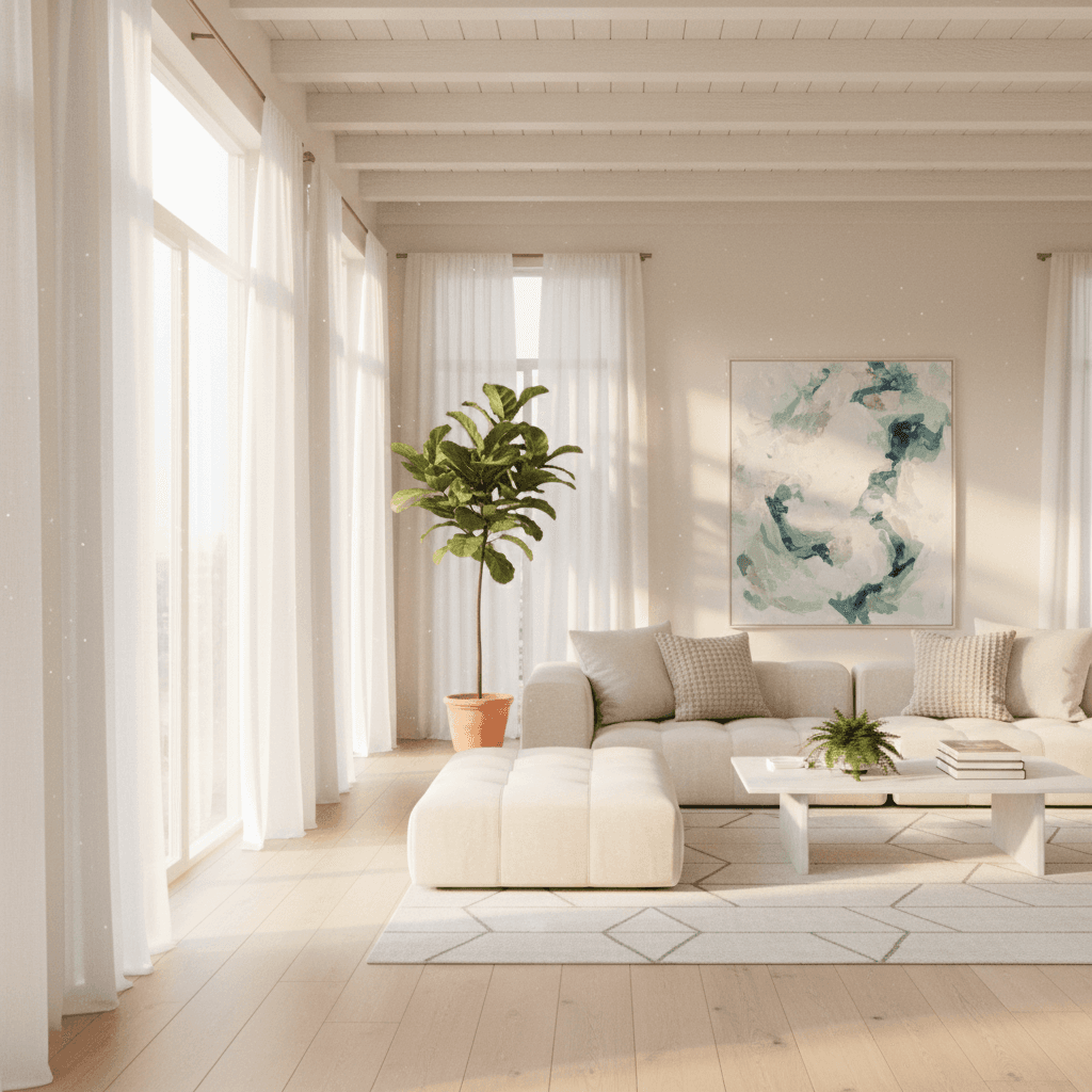 Sunlight pouring through spotless living room windows
