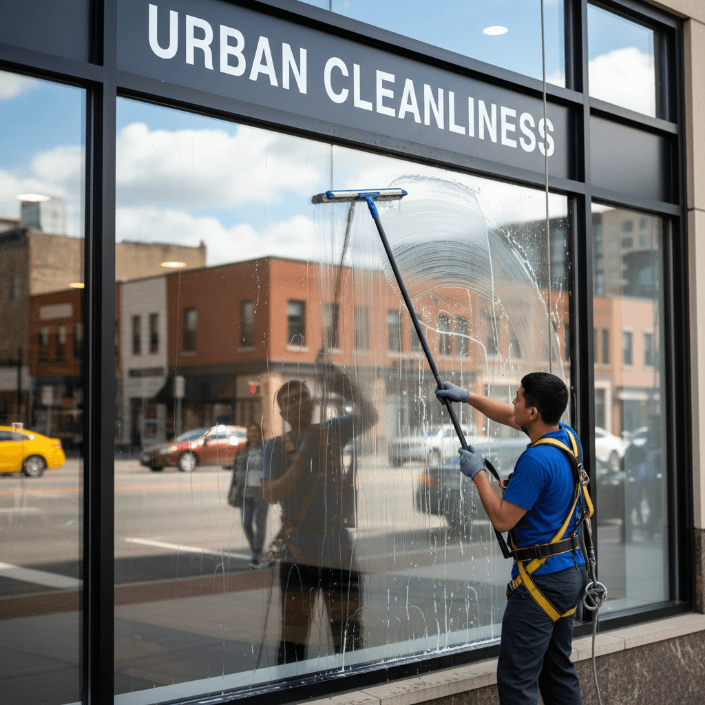 Professional cleaning a storefront window on a downtown street