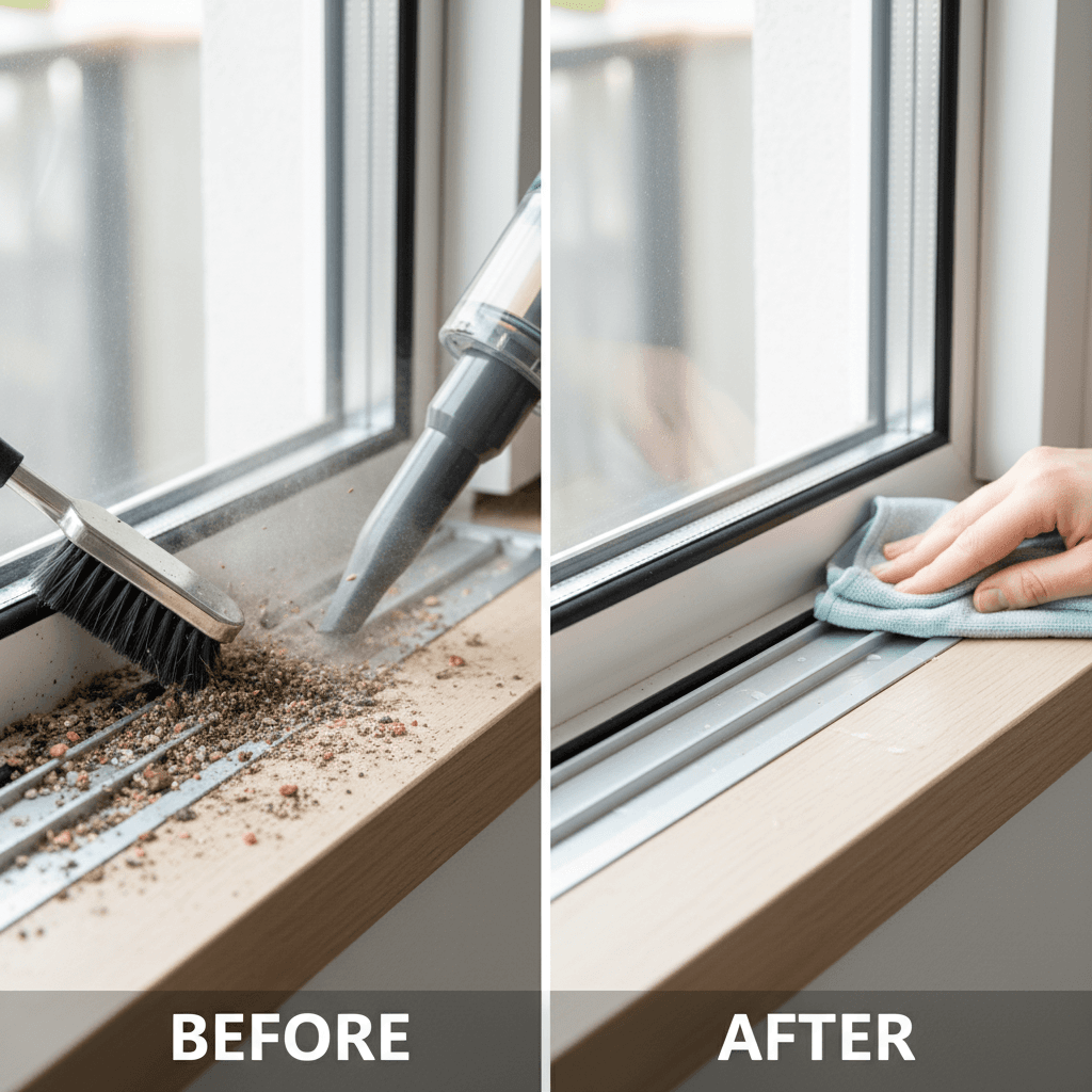 Close-up detail of professional window track cleaning showing before-and-after debris removal with specialized tools