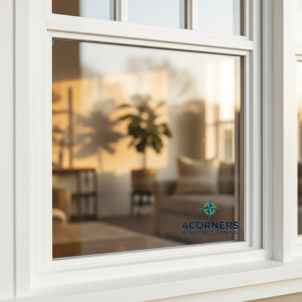 Close-up of a spotless window frame in a sunlit room, highlighting clean glass