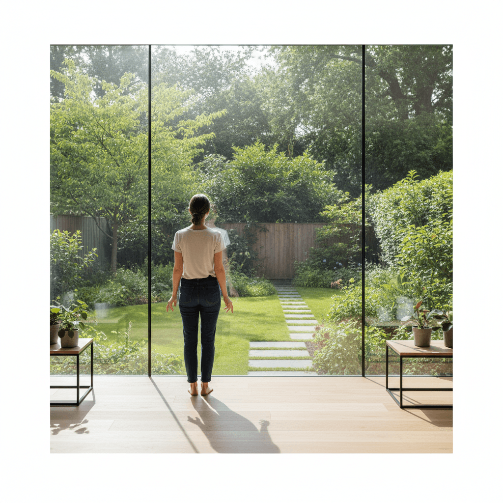 A person looking out a clean window at a green backyard