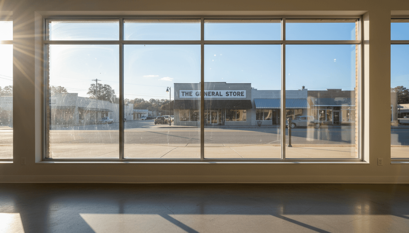 Bright, spotless storefront windows reflecting a clear blue sky in Jasper