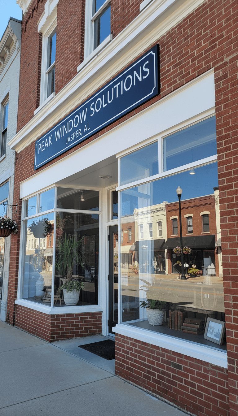 Jasper, AL storefront with clean windows reflecting a blue sky