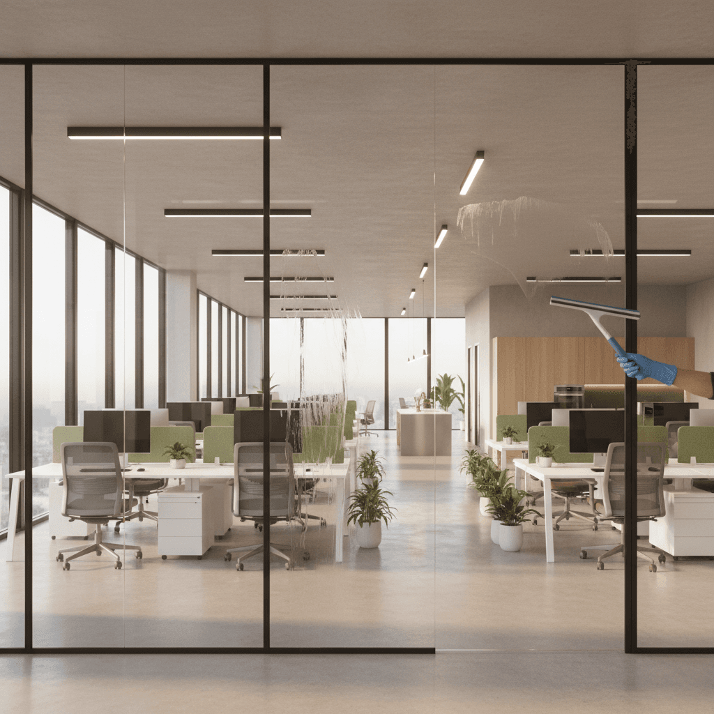 Cleaning interior glass partitions inside a bright office