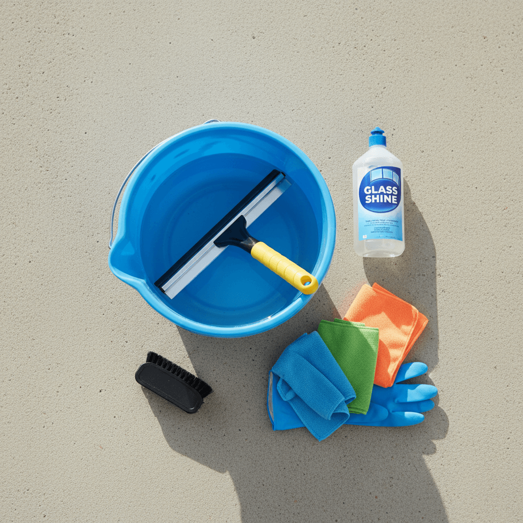 Organized window cleaning tools and supplies ready for use