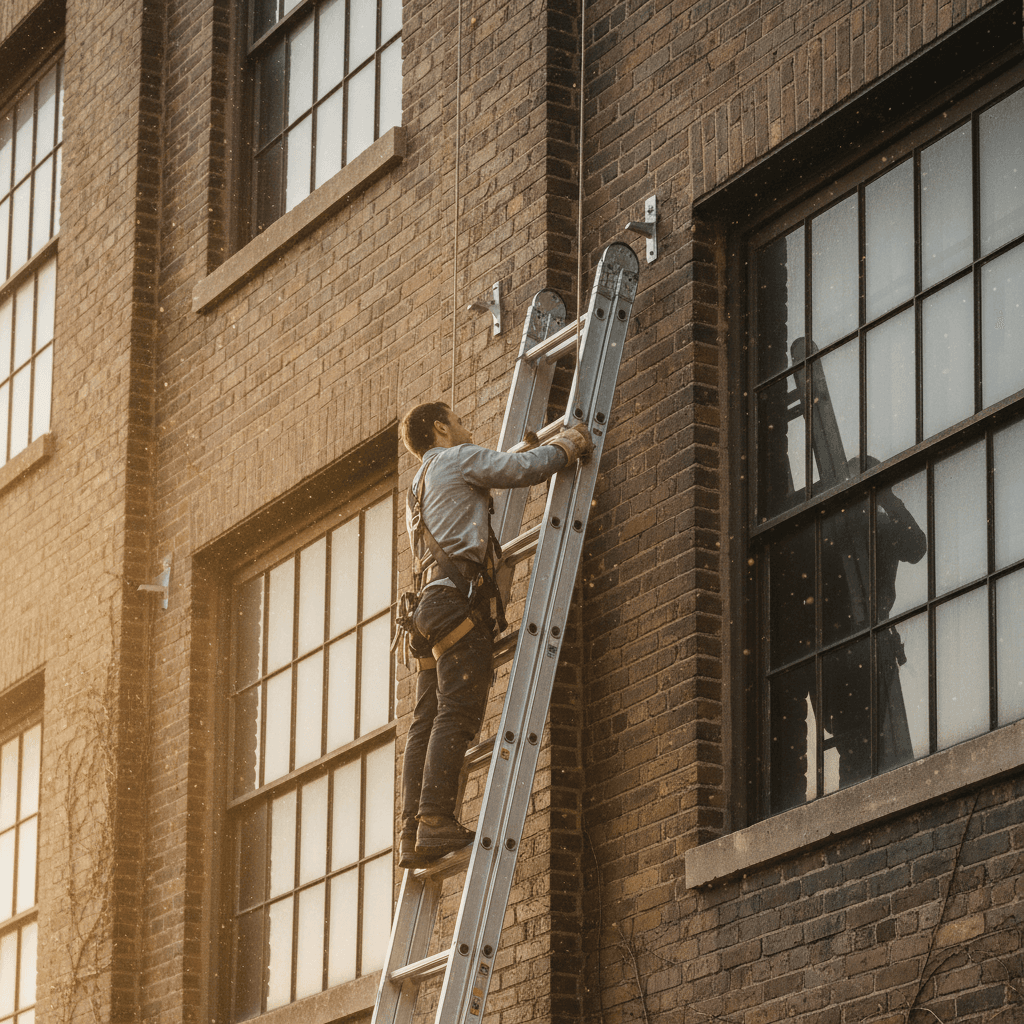 Window cleaner positioning a ladder against a commercial building