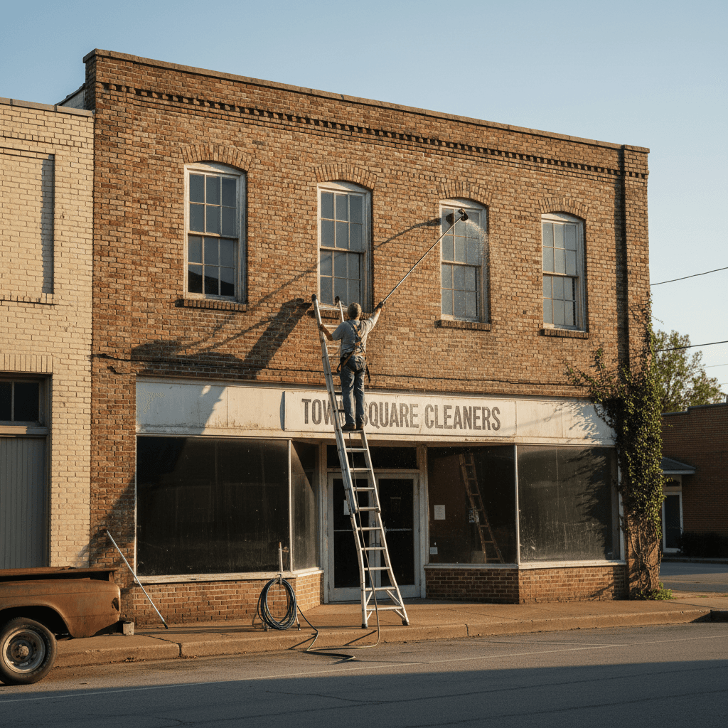 Window cleaner on a ladder reaching upper windows of a brick building