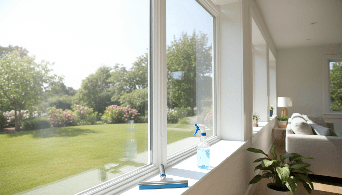 Sunlit clean windows with cleaning tools on the sill