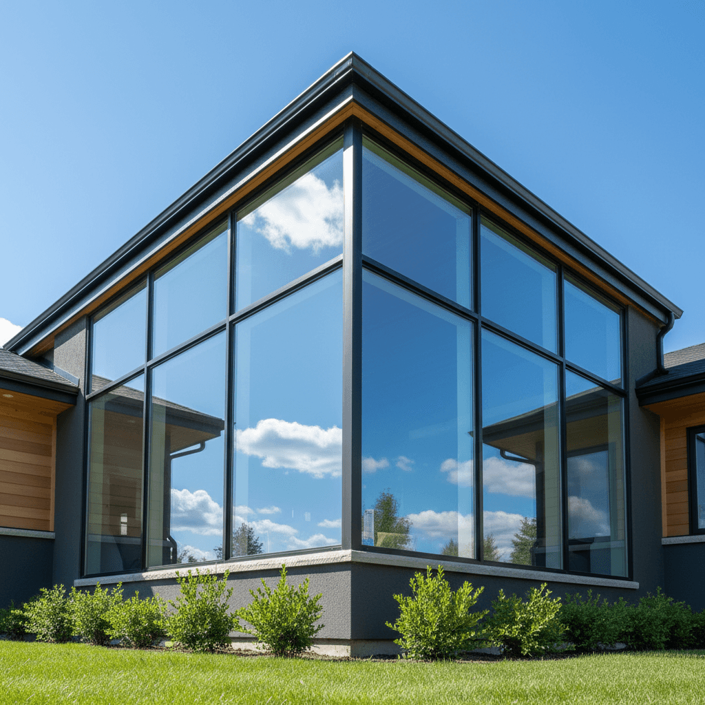Clean residential window panes reflecting bright sky at home corner