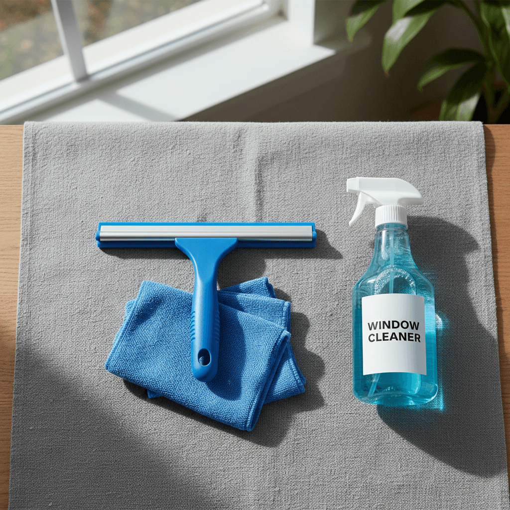 Organized window cleaning tools laid out on a cloth