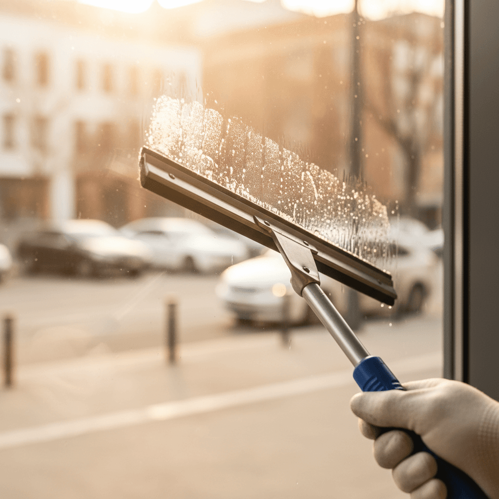 Squeegee cleaning a storefront window with sunlight flare