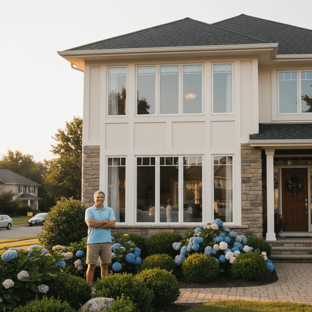 Before and after result of clean exterior windows on a two-story home