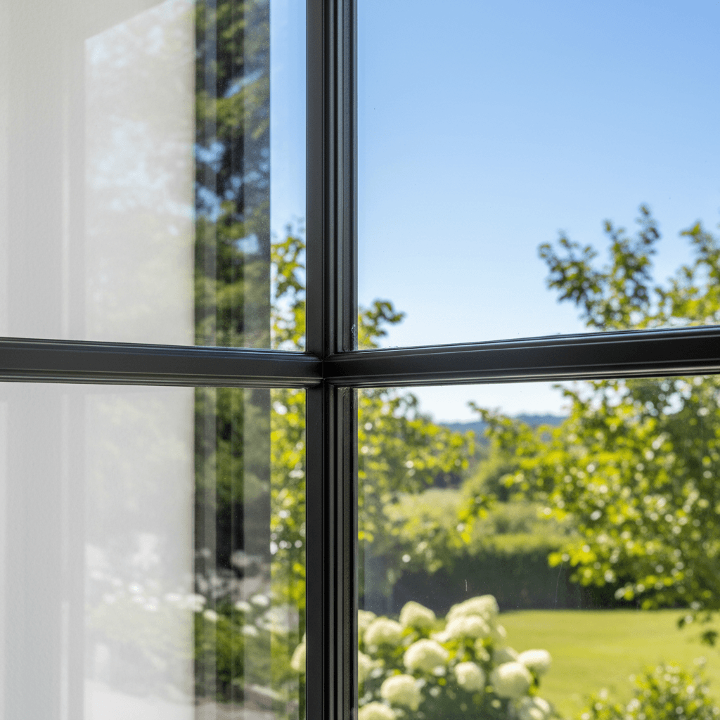 Close-up of a clean window frame with streak-free glass reflecting greenery