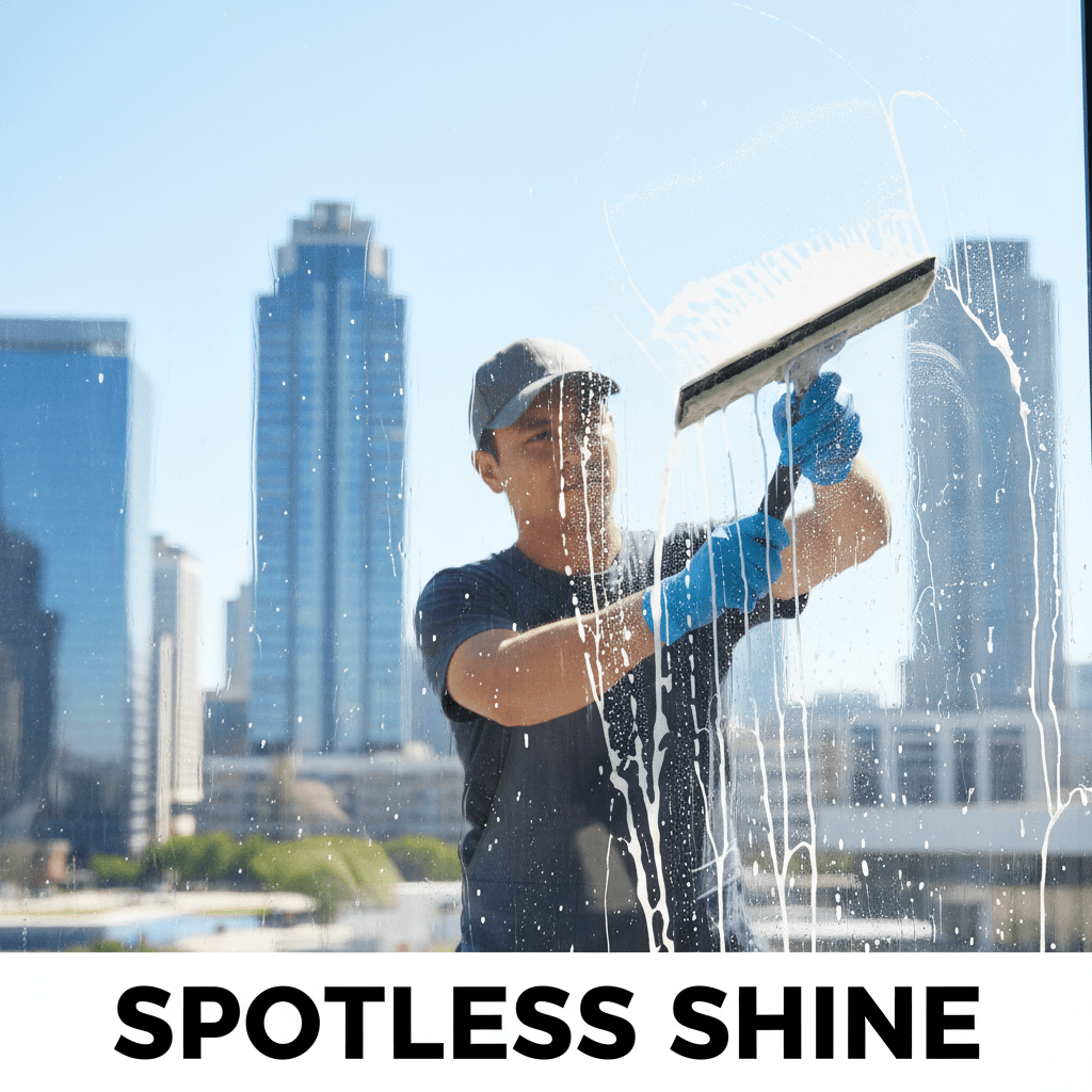 Pro cleaning a window pane revealing clear glass