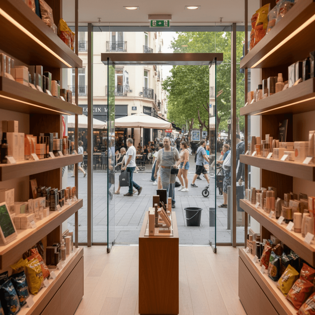View from inside a store through crystal-clear glass with a cleaner outside