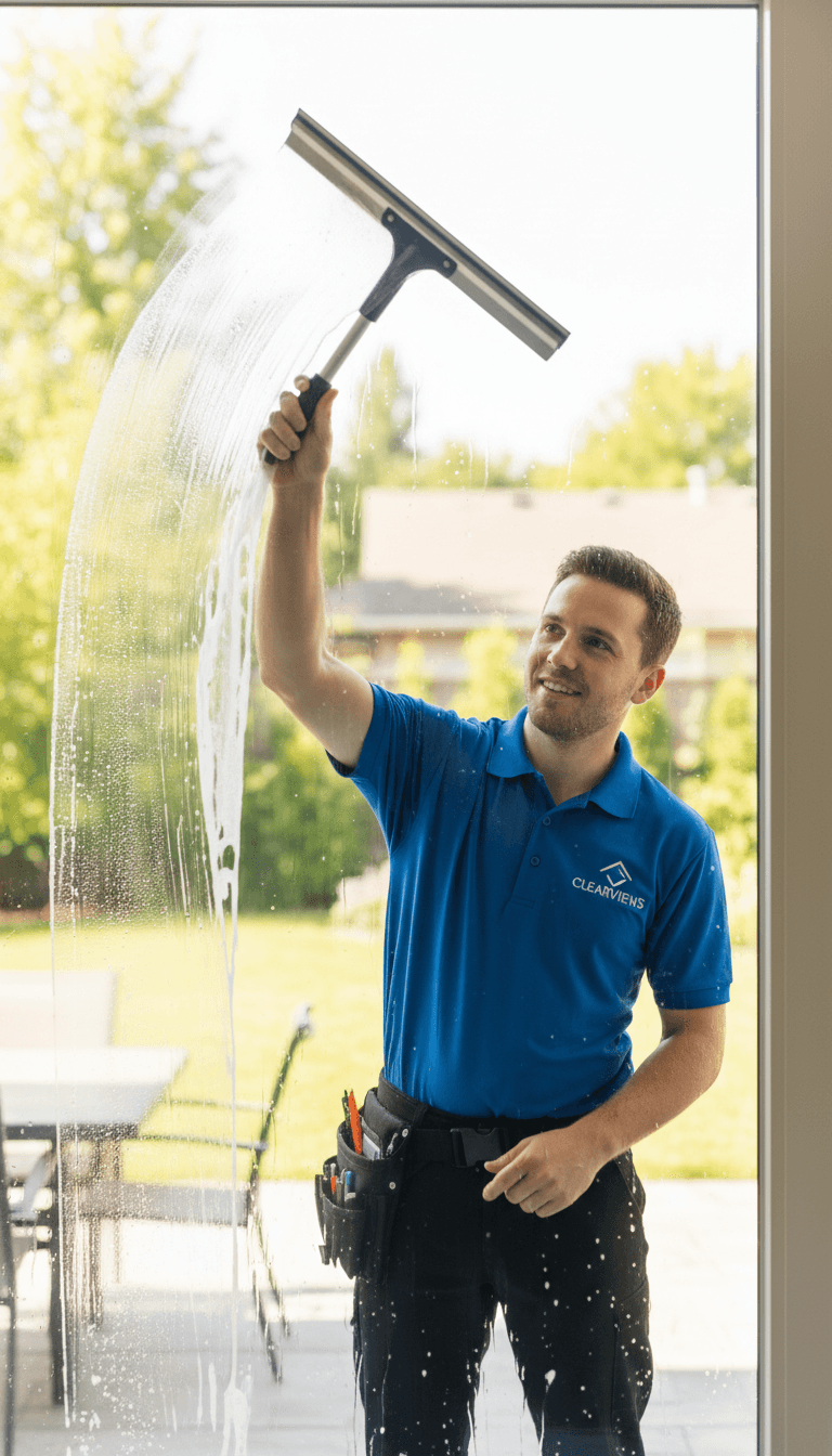 Window cleaner wiping a residential window with a squeegee