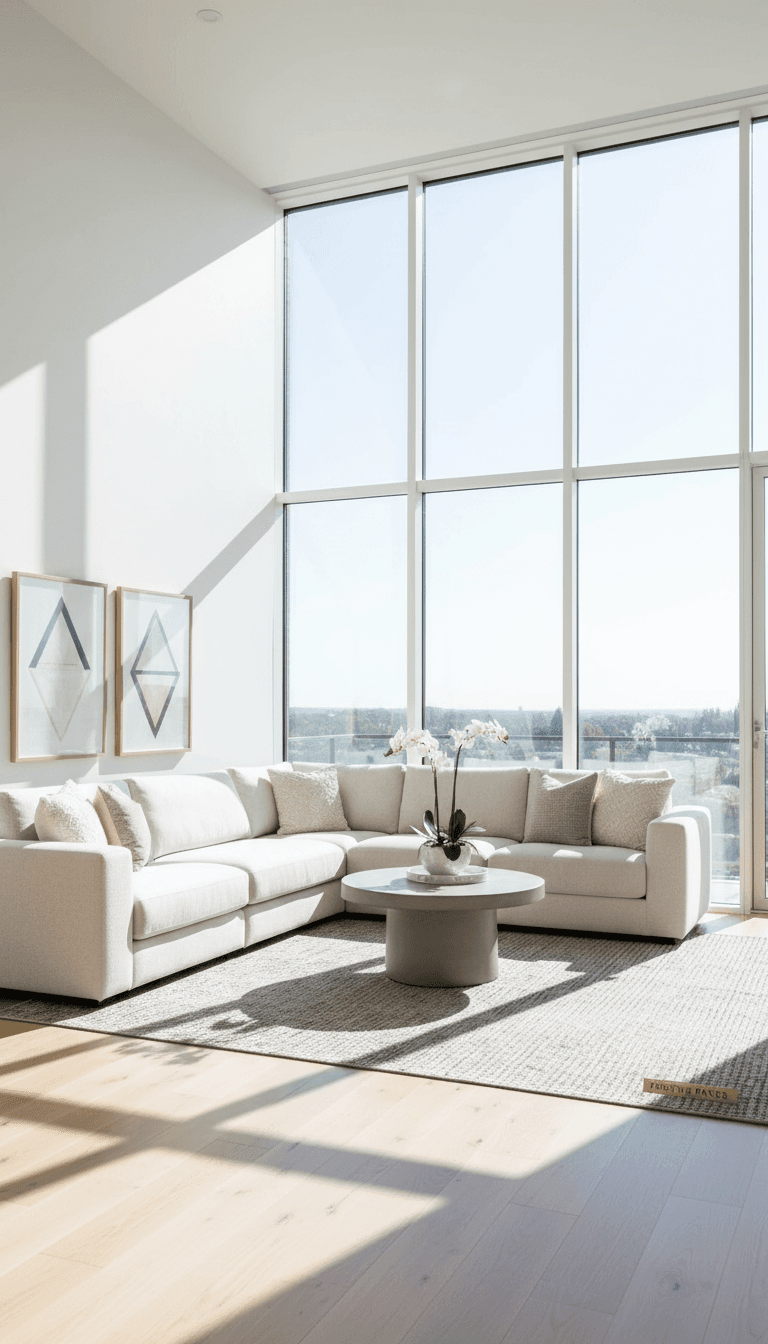 Sunlit living room with large, pristine windows and elegant furnishings