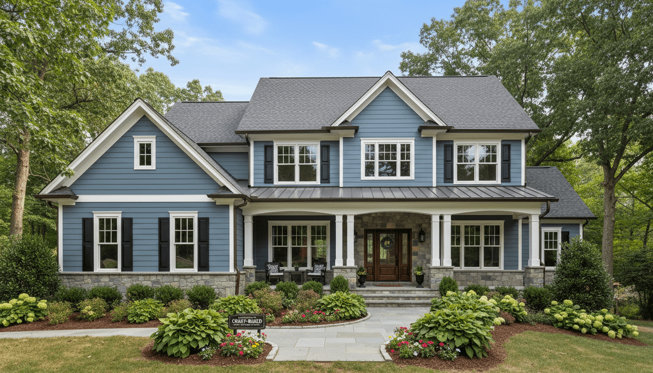 Beautifully renovated home exterior with new roofing, siding, trim work, and landscaping