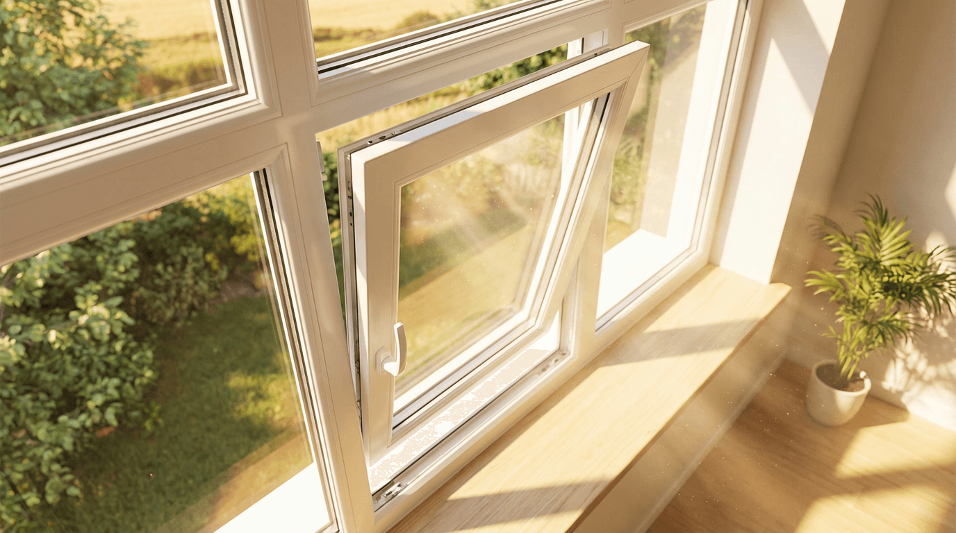 Open uPVC window with white frame and bright natural light rays streaming through glass.